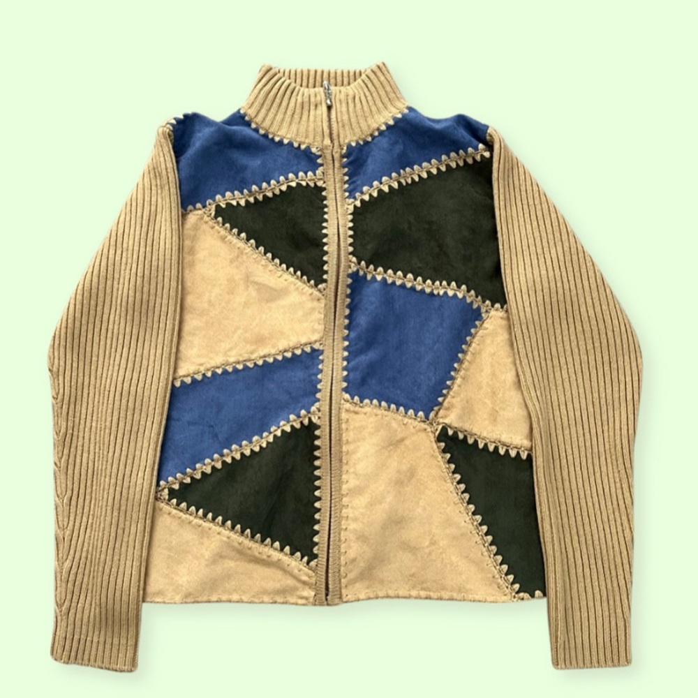 Tan sweater with blue and green suede patchwork